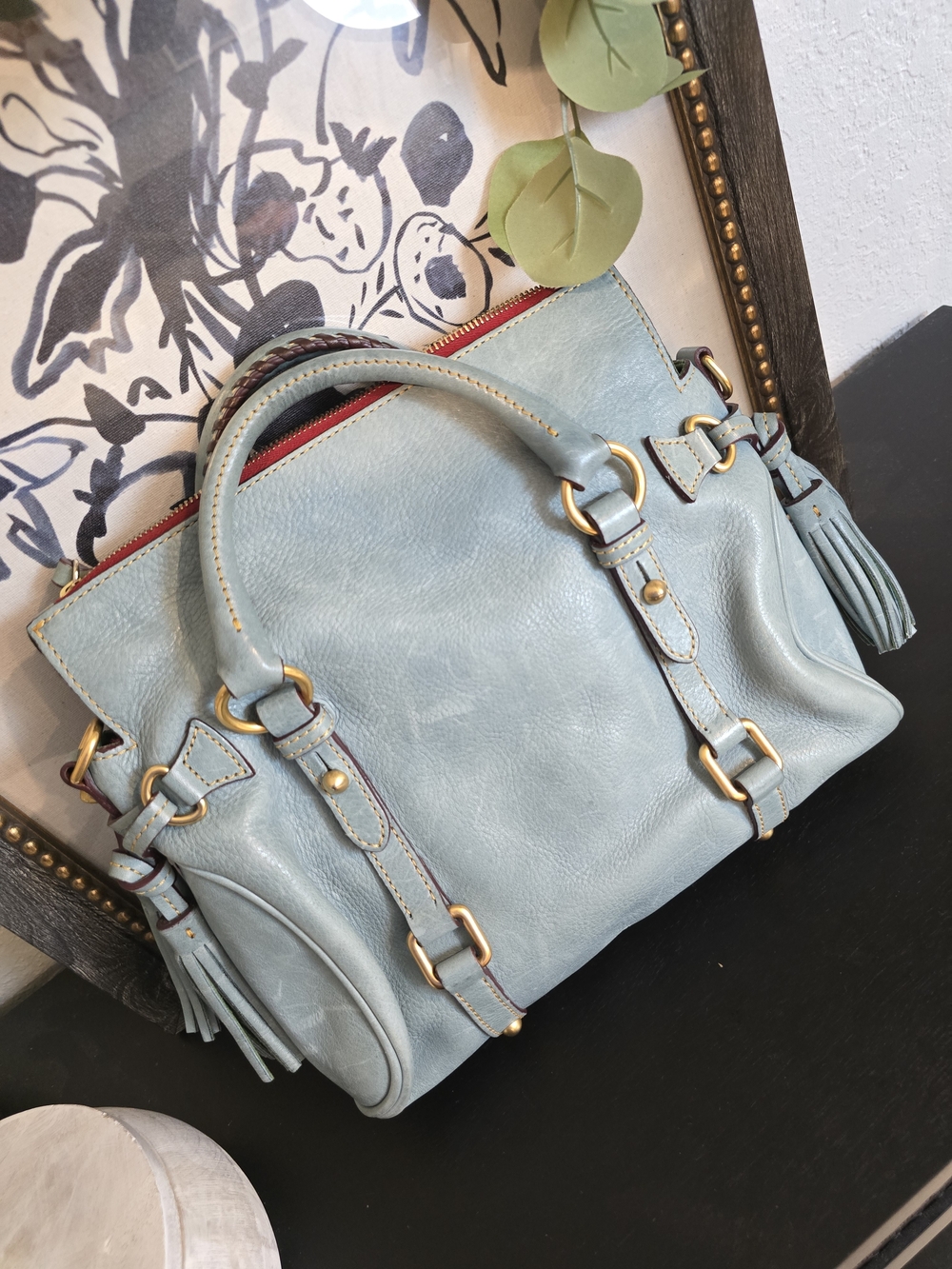 Dooney & Bourke Florentine Vachetta Leather Satchel With Tassel And Buckle - Picture 8 of 13